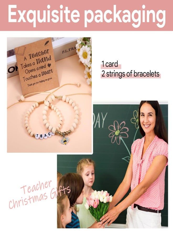 Jaarssho Teacher Appreciation Gifts Bracelet with Bee Charm, Cute Thank You Gifts for Women, Adjustable Wood Beaded Stretch Bracelet, End of Year Teacher Present from Student (Bee) - Image 2